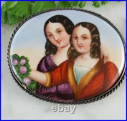 Antique Victorian double portrait hand-painted porcelain silver brooch pin