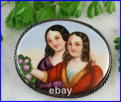 Antique Victorian double portrait hand-painted porcelain silver brooch pin