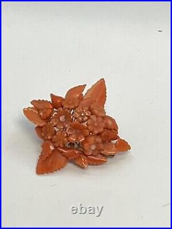 Antique Victorian gold Salmon Coral Flower Brooch Hand carved