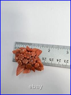 Antique Victorian gold Salmon Coral Flower Brooch Hand carved
