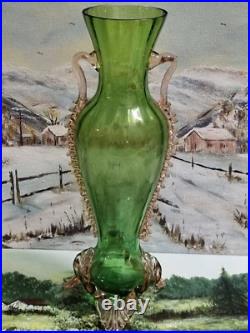 Antique Victorian hand blown emerald green glass vase with pink accents