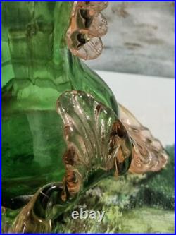 Antique Victorian hand blown emerald green glass vase with pink accents