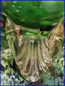 Antique Victorian hand blown emerald green glass vase with pink accents