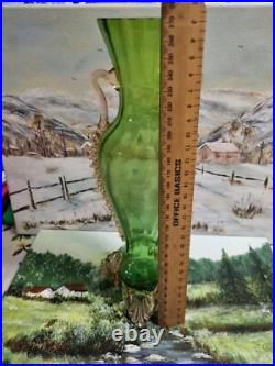 Antique Victorian hand blown emerald green glass vase with pink accents