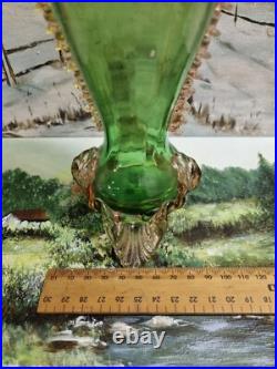 Antique Victorian hand blown emerald green glass vase with pink accents