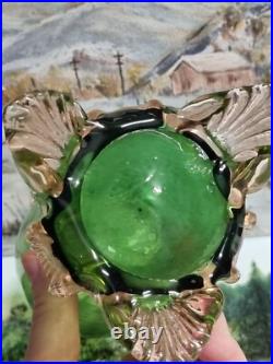 Antique Victorian hand blown emerald green glass vase with pink accents