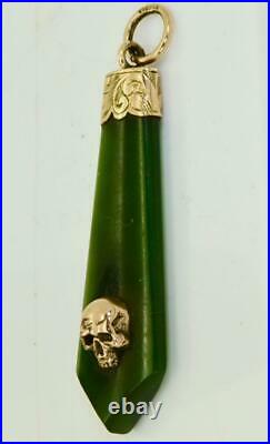 Antique Victorian hand carved Nephrite, 9k gold Memento Mori Skull pendant, boxed