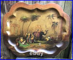 Antique Victorian hand painted paper mache tray Indian elephant & temple ruins