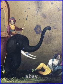 Antique Victorian hand painted paper mache tray Indian elephant & temple ruins