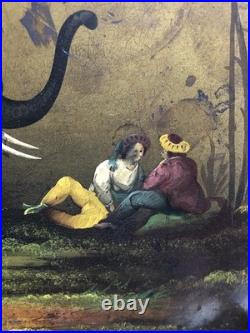 Antique Victorian hand painted paper mache tray Indian elephant & temple ruins