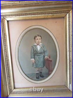 Antique Victorian hand painted photo Child Portrait deep gold spoon carved frame