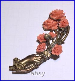 Antique Victorian hand with celluloid molded flowers pin brooch Rare