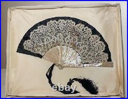 Antique Victorian handmade French mother of pearl ornate lace satin hand fan