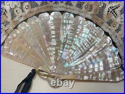 Antique Victorian handmade French mother of pearl ornate lace satin hand fan