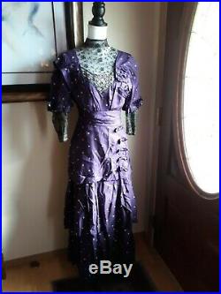 Antique Vintage Edwardian Victorian Original Hand Stitched Purple Silk Dress