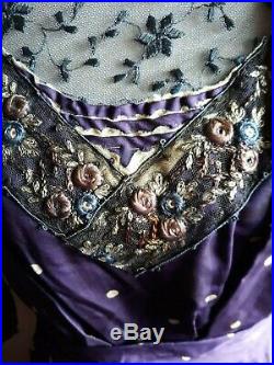 Antique Vintage Edwardian Victorian Original Hand Stitched Purple Silk Dress