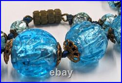 Antique Vintage Hand Made Turquoise Blue Foil Glass Nouveau Victorian Necklace
