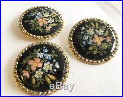 Antique Vintage Victorian Set Of 3 Hand Painted Enamel Buttons With Cut Steel