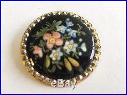 Antique Vintage Victorian Set Of 3 Hand Painted Enamel Buttons With Cut Steel