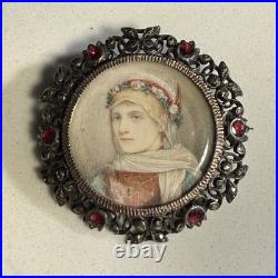 Antique Vintage Victorian Silver Delicate Hand Painted Portrait Brooch Pin