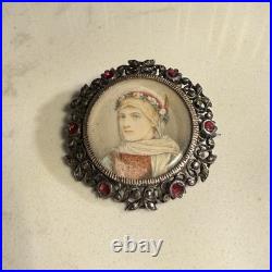 Antique Vintage Victorian Silver Delicate Hand Painted Portrait Brooch Pin