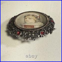 Antique Vintage Victorian Silver Delicate Hand Painted Portrait Brooch Pin