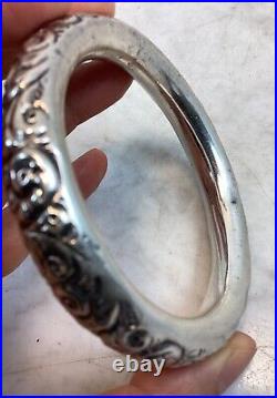 Antique Vintage Victorian Sterling Silver Hand Chased Donut Bangle Bracelet