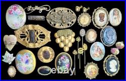 Antique & Vtg Estate Jewelry Lot Cameos Hand Painted GF Faux Pearl Glass Etc 28p