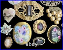 Antique & Vtg Estate Jewelry Lot Cameos Hand Painted GF Faux Pearl Glass Etc 28p