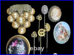 Antique & Vtg Estate Jewelry Lot Cameos Hand Painted GF Faux Pearl Glass Etc 28p