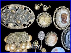 Antique & Vtg Estate Jewelry Lot Cameos Hand Painted GF Faux Pearl Glass Etc 28p