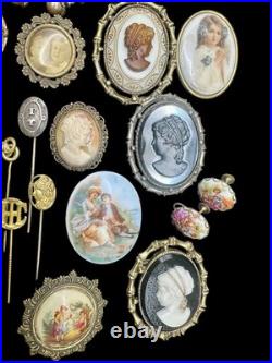 Antique & Vtg Estate Jewelry Lot Cameos Hand Painted GF Faux Pearl Glass Etc 28p