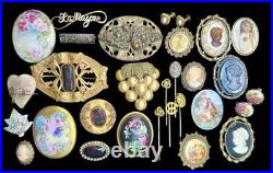 Antique & Vtg Estate Jewelry Lot Cameos Hand Painted GF Faux Pearl Glass Etc 28p
