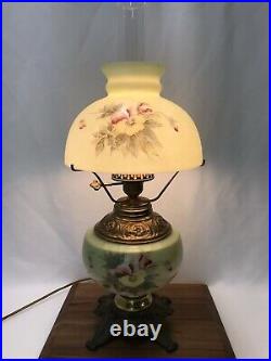 Antique Vtg Glass Parlor Lamp Hand Painted Pansies Banquet Oil Hurricane GWTW
