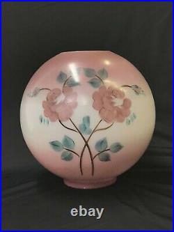 Antique Vtg Hand Painted Glass Ball Oil Lamp Shade Globe Pink Roses, GWTW, Piano