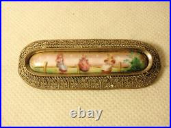 Antique Vtg Victorian Hand Painted on Porcelain 3 Young Lady Girls Fence Bar Pin
