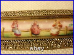 Antique Vtg Victorian Hand Painted on Porcelain 3 Young Lady Girls Fence Bar Pin