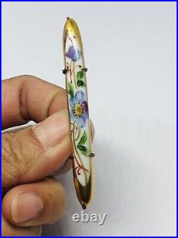 Antique Vtg Victorian Hand Painted on Porcelain Multicolor Flower Bar Pin 2.5