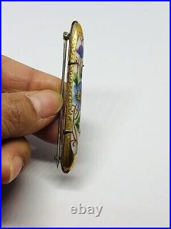 Antique Vtg Victorian Hand Painted on Porcelain Multicolor Flower Bar Pin 2.5
