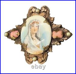 Antique Wedding portrait With Seed Pearls, natural stones Hand painted Victorian