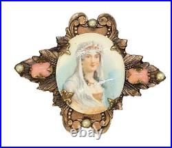 Antique Wedding portrait With Seed Pearls, natural stones Hand painted Victorian