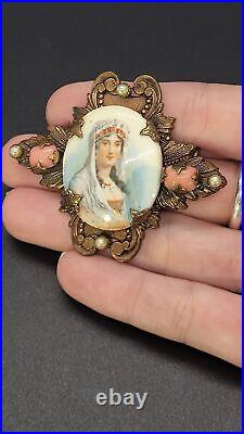 Antique Wedding portrait With Seed Pearls, natural stones Hand painted Victorian