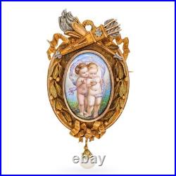 Antique Yellow Gold and Platinum Hand Painted Miniature of Cherubs Brooch