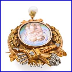 Antique Yellow Gold and Platinum Hand Painted Miniature of Cherubs Brooch