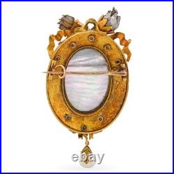 Antique Yellow Gold and Platinum Hand Painted Miniature of Cherubs Brooch