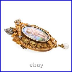 Antique Yellow Gold and Platinum Hand Painted Miniature of Cherubs Brooch