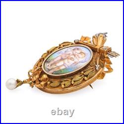 Antique Yellow Gold and Platinum Hand Painted Miniature of Cherubs Brooch