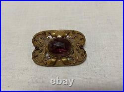 Antique brass hand wrought Victorian purple bevel set stone brooch signed C&R