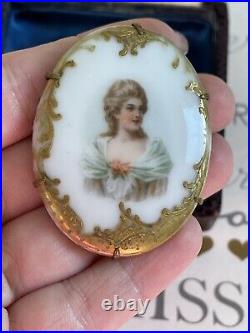 Antique brooch 19th Victorian Lady Large Hand Painted Porcelain Circa 1890s Rare
