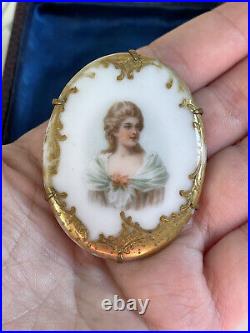 Antique brooch 19th Victorian Lady Large Hand Painted Porcelain Circa 1890s Rare